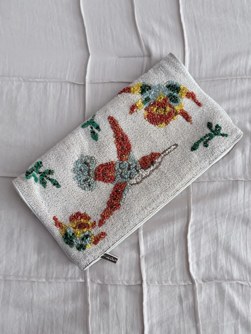 Alice + Olivia White Beaded Clutch with Multicolor Floral & Bird Motif - Picture 7 of 7